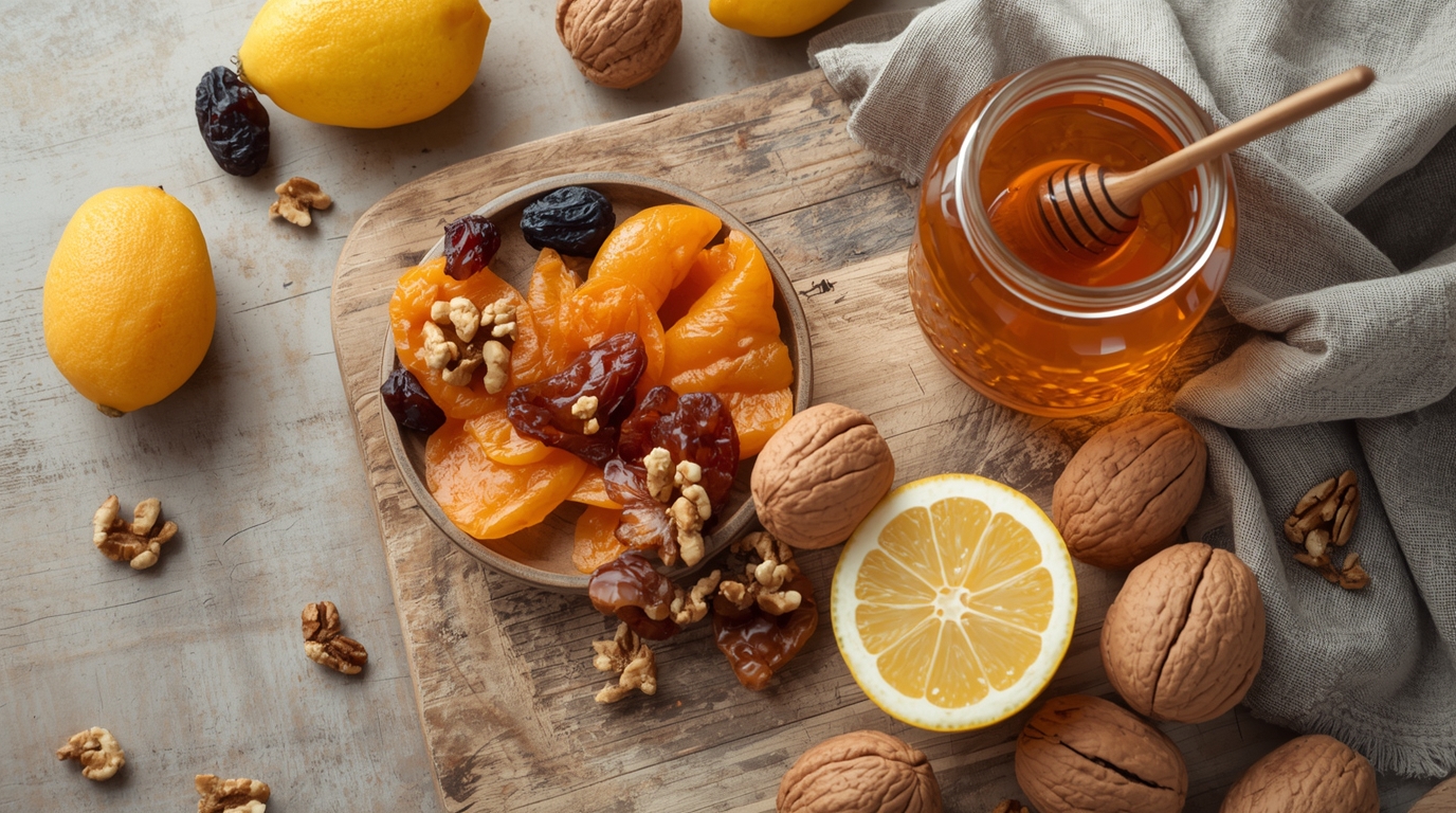 Мёд, орехи, лимон и травы на столе как символ здоровья и натурального лечения