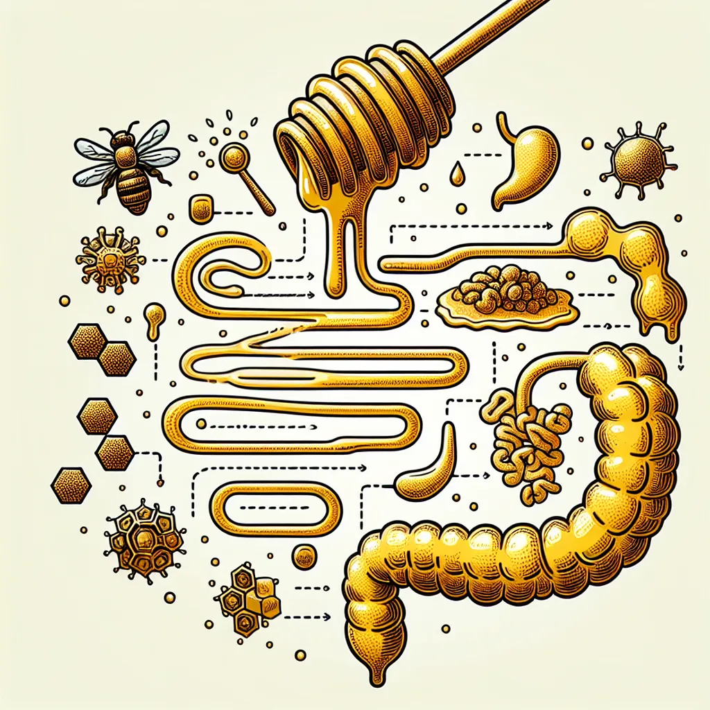 Ложка мёда на фоне желудочно-кишечного тракта, схематичное изображение пользы для ЖКТ
